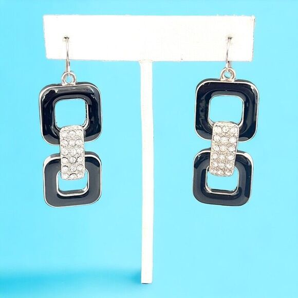 Vintage Earrings Black Enamel Crystals Silver Tone Dangle Women's 1H - Picture 4 of 4